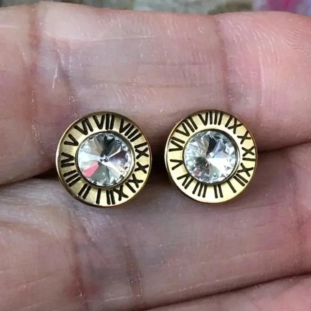 Gold Roman Numerals Designer Style AAA Zircon Stud Earrings NWT